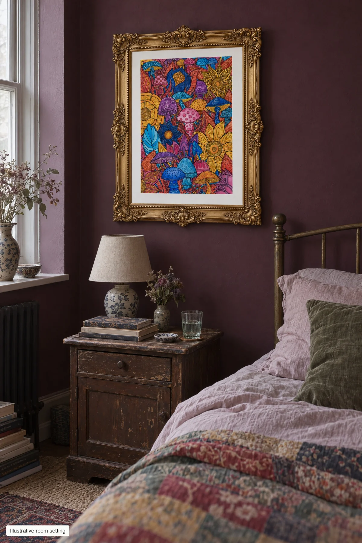 Vivid botanical print in a gold frame above a bedside table, against a plum wall beside a patterned quilt