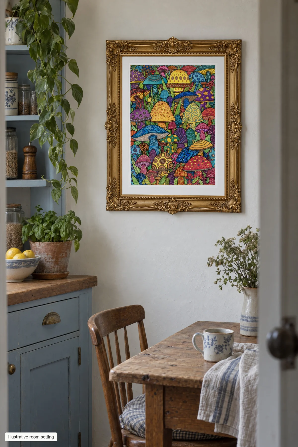 Colourful mushroom print in an ornate gold frame beside a kitchen table, blue cupboards and trailing plants